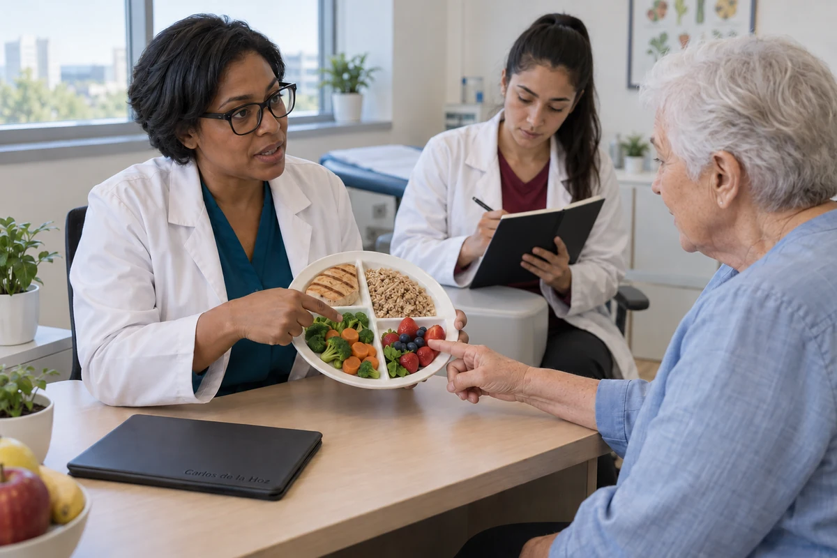 Una dietista-nutricionista explica un plato de ejemplo a una paciente mayor en una consulta de hospital, mientras una estudiante en prácticas toma notas