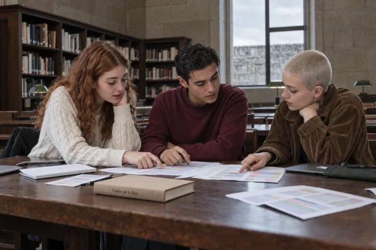 Três estudantes comparam listas de preferências da CiUG numa biblioteca universitária em Santiago