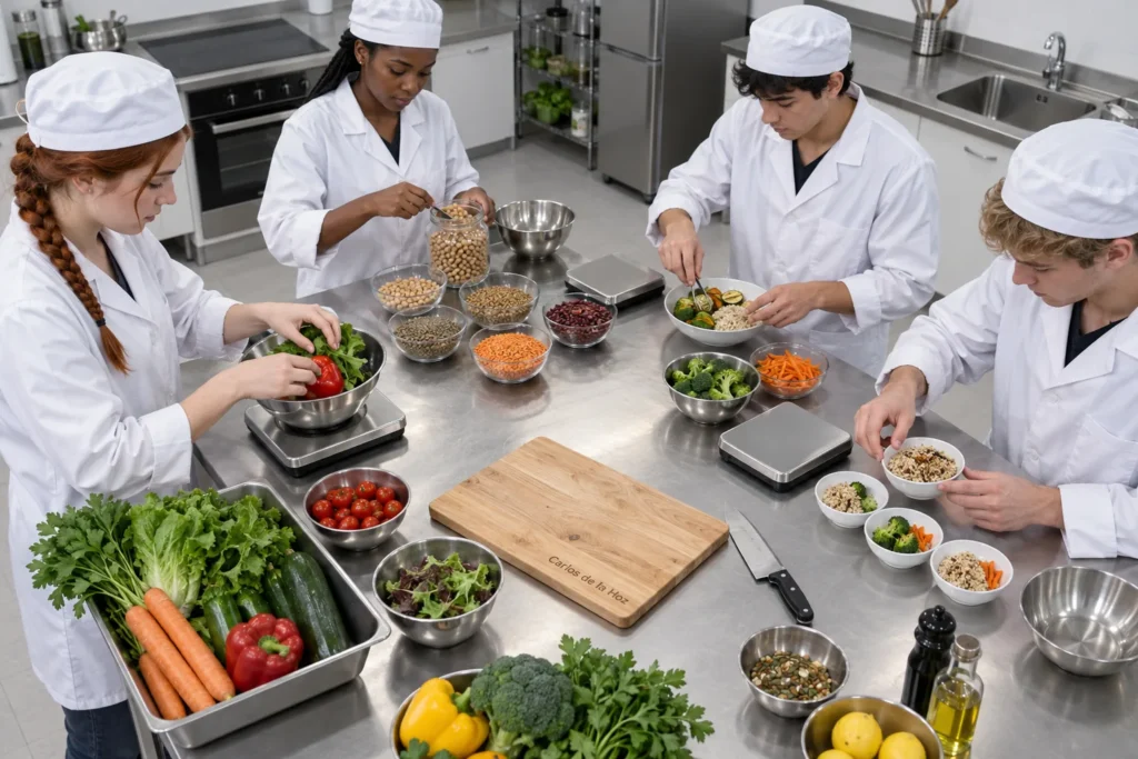 Cuatro estudiantes con bata y gorro preparan raciones de verdura y legumbre en la cocina docente de dietética, un grado con nota de corte de Nutrición propia