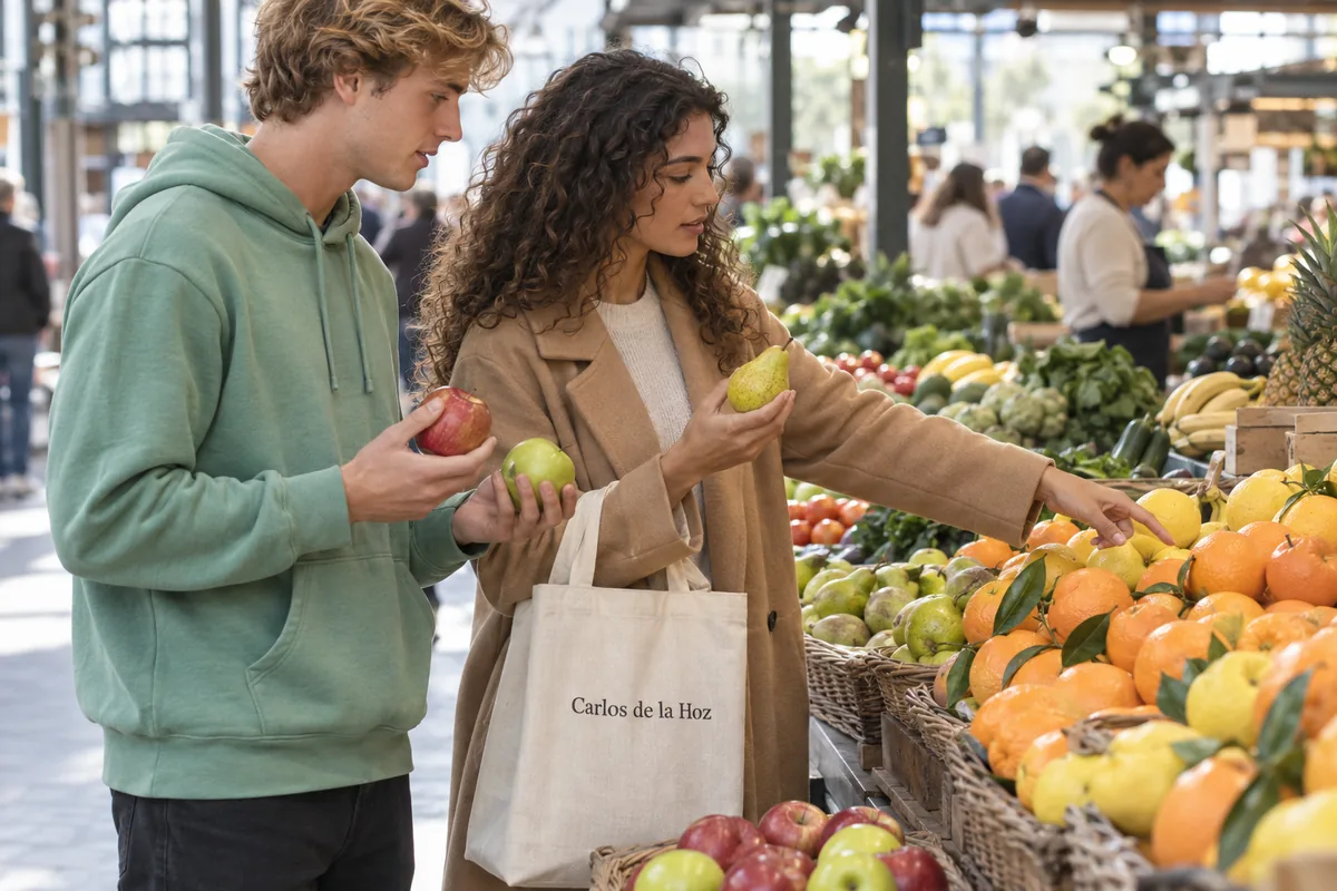Dos jóvenes eligen fruta en un puesto de un mercado de abastos, con una bolsa de tela de la compra