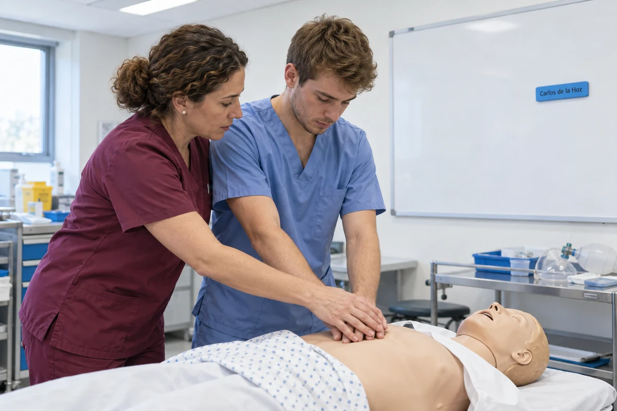 Tutora e estudante praticam uma manobra de enfermagem num manequim de treino