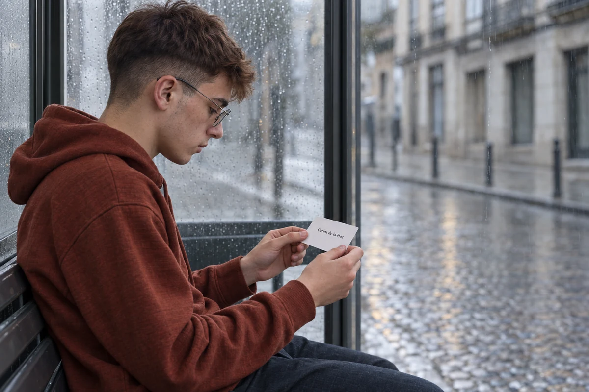 Estudante sentado numa paragem de autocarro lê o bilhete, à chuva
