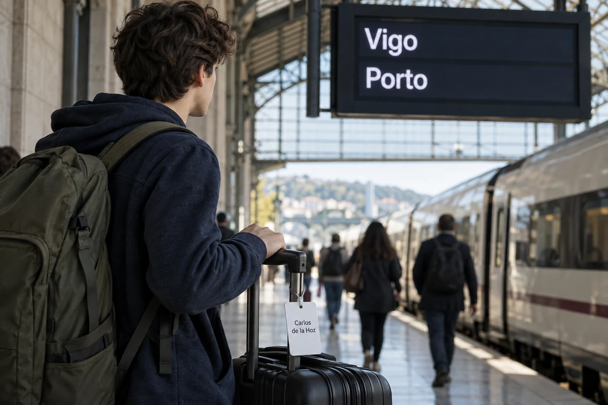 Estudante com mala espera junto a um painel de estação com os destinos Vigo e Porto, antes de viajar