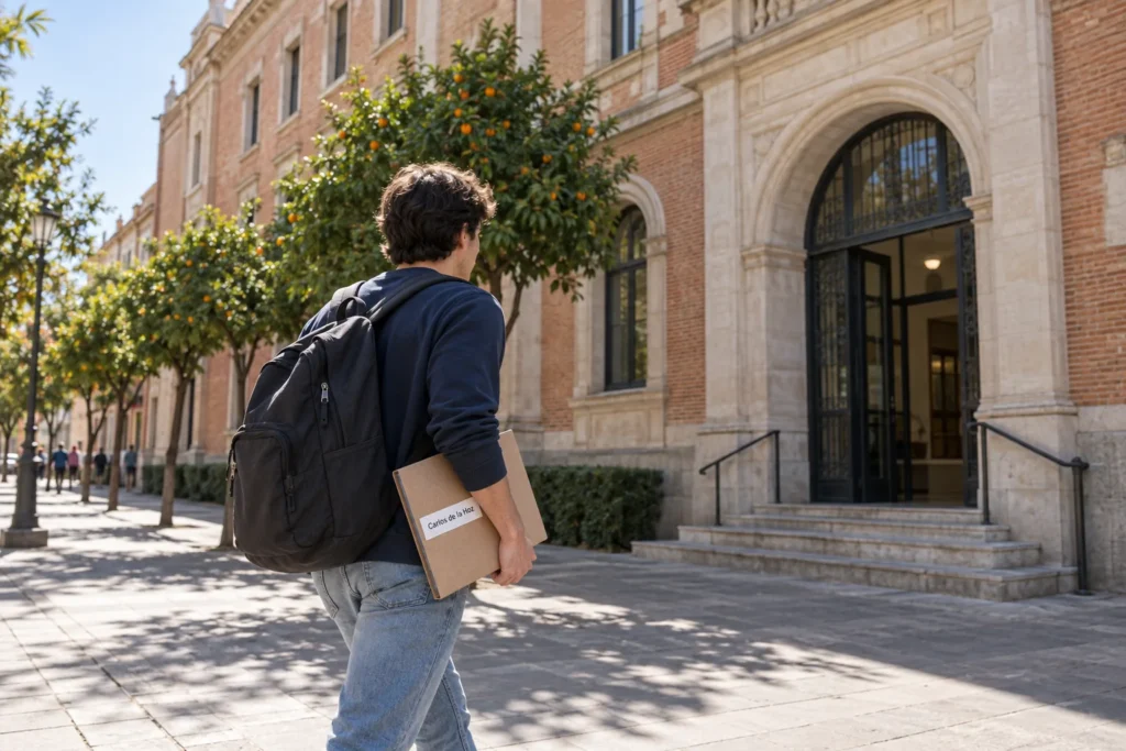 Un estudiante entra con su carpeta a una de las universidades privadas de Enfermería en Sevilla, fachada de ladrillo con naranjos en la acera