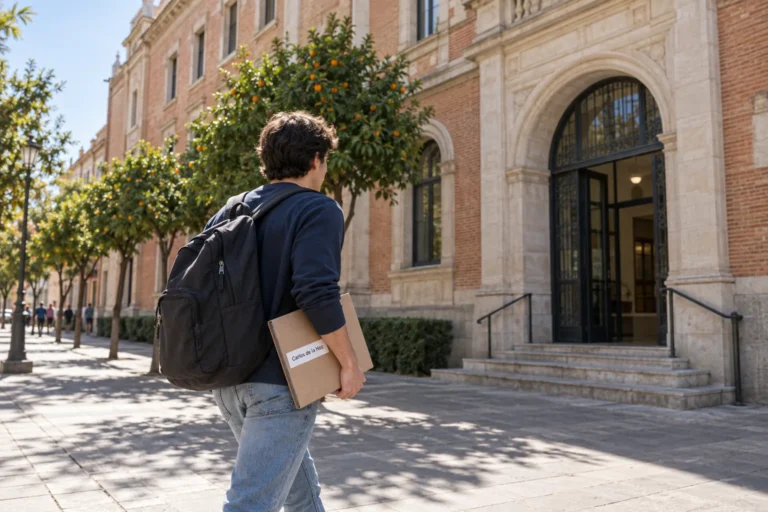 Un estudiante entra con su carpeta a una de las universidades privadas de Enfermería en Sevilla, fachada de ladrillo con naranjos en la acera