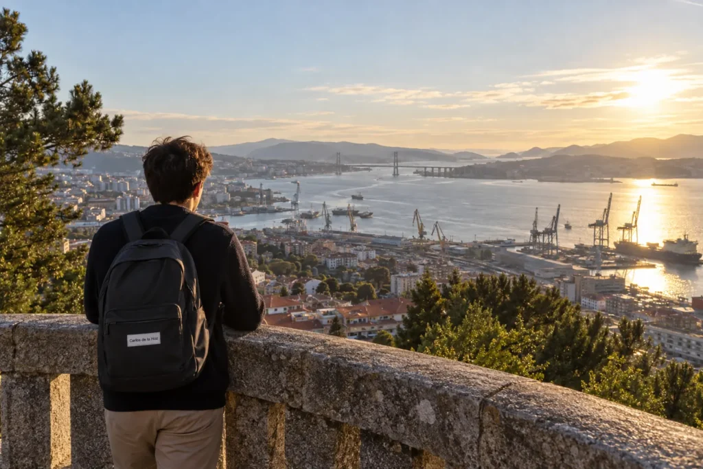 Estudante de costas, com mochila, observa a ria de Vigo ao fim da tarde, na cidade onde fica a Universidade de Vigo