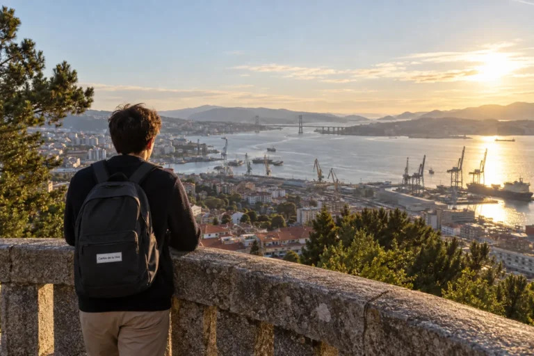 Estudante de costas, com mochila, observa a ria de Vigo ao fim da tarde, na cidade onde fica a Universidade de Vigo