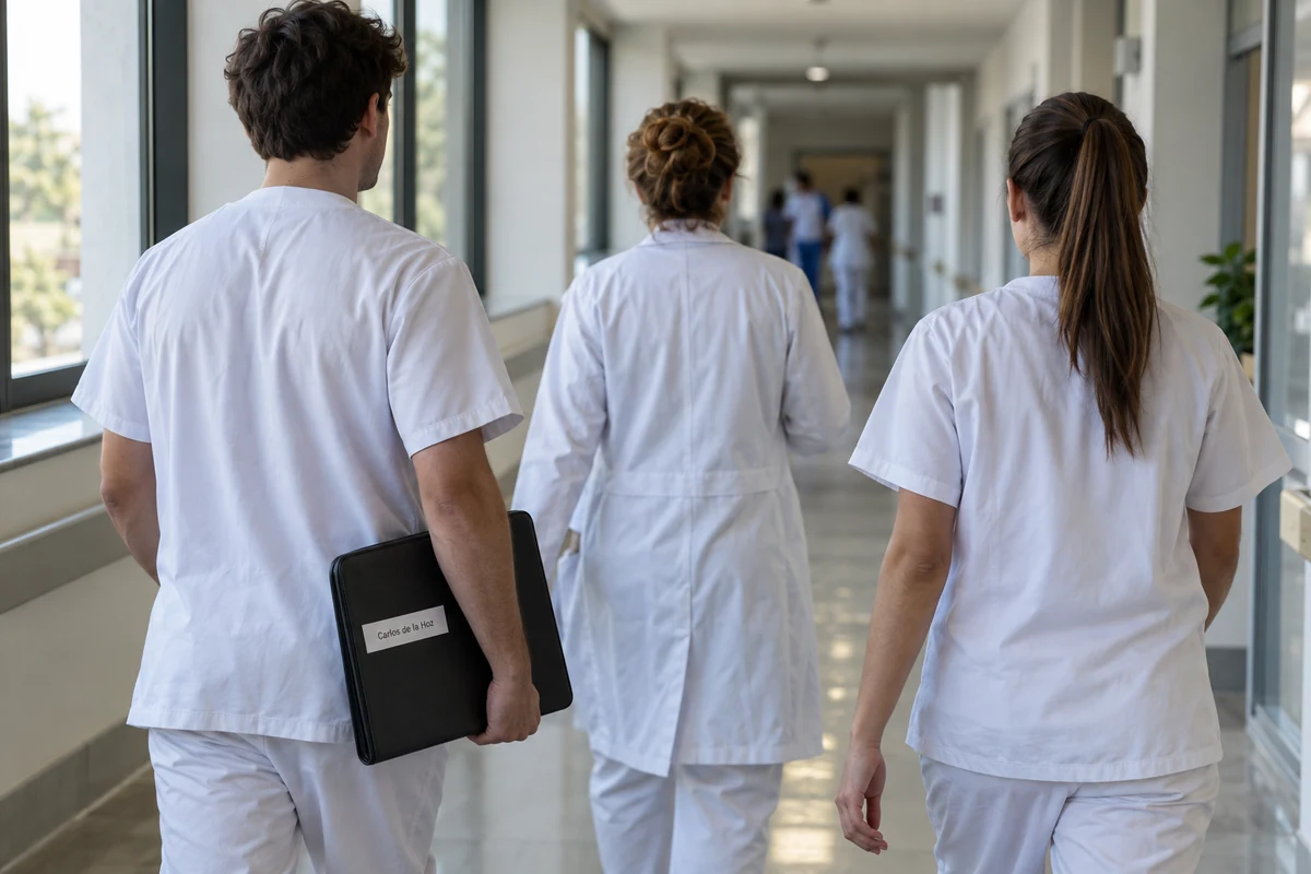 Tres estudiantes de Enfermería con uniforme blanco caminan de espaldas por un pasillo de un centro clínico universitario en Sevilla
