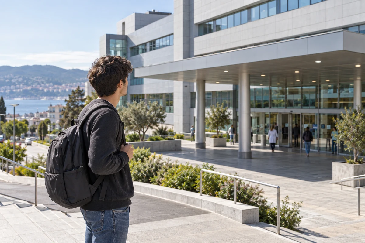 Estudante de perfil observa a fachada exterior de um hospital moderno em Vigo, sem uniforme clínico