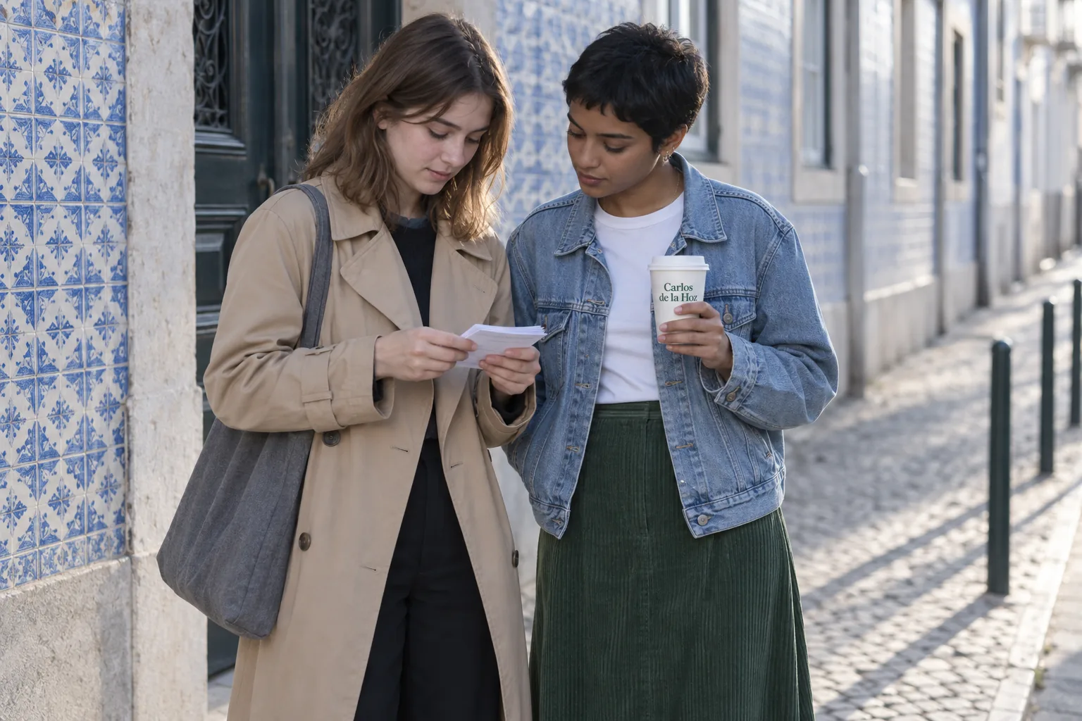Duas amigas a repassar fichas à porta de um edifício de azulejos, antes do exame