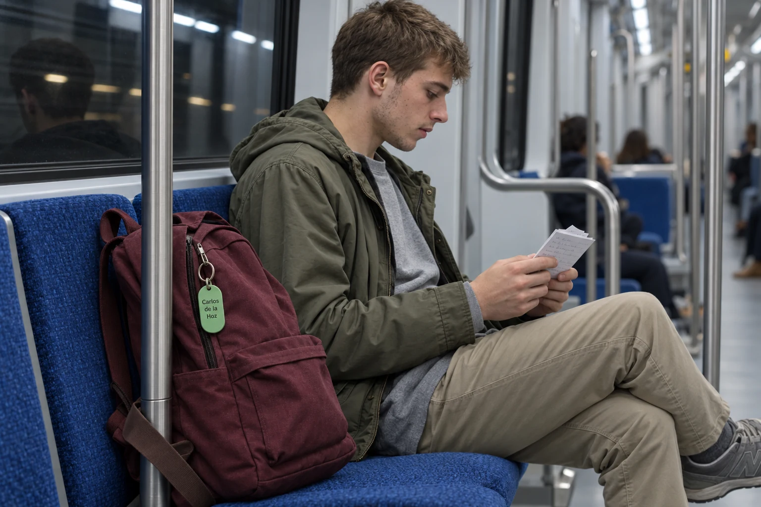 Estudante a rever fichas de estudo num metro de Lisboa a caminho das PCE