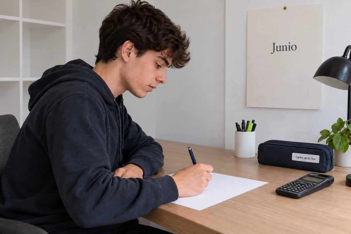 Estudiante de perfil escribiendo en una mesa de estudio, con calculadora y un calendario que marca junio, organizando su preparación de la selectividad