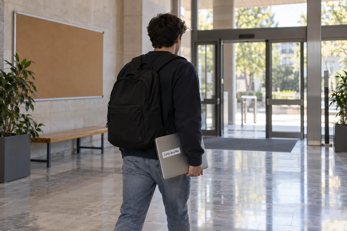 Estudiante caminando de espaldas por el vestíbulo de un edificio universitario, con un portátil bajo el brazo, junto a un tablón de anuncios