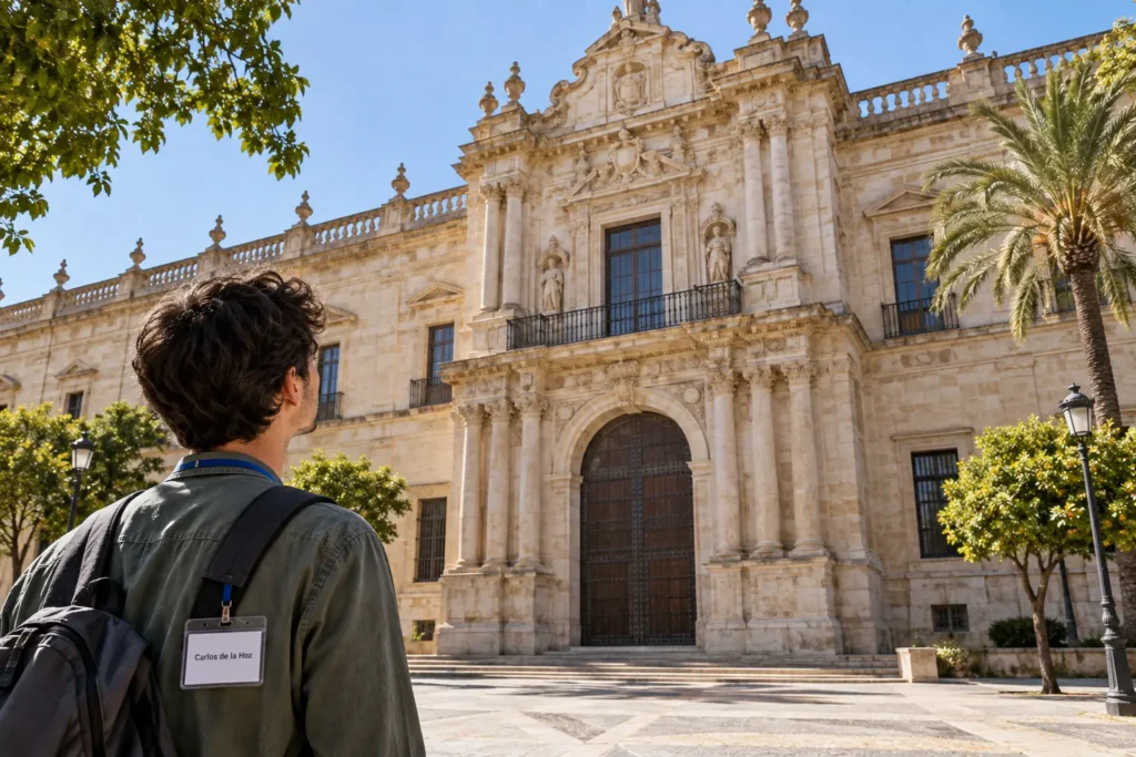 Estudante observa a fachada histórica de uma universidade do Distrito Único Andaluz, com credencial personalizada ao pescoço