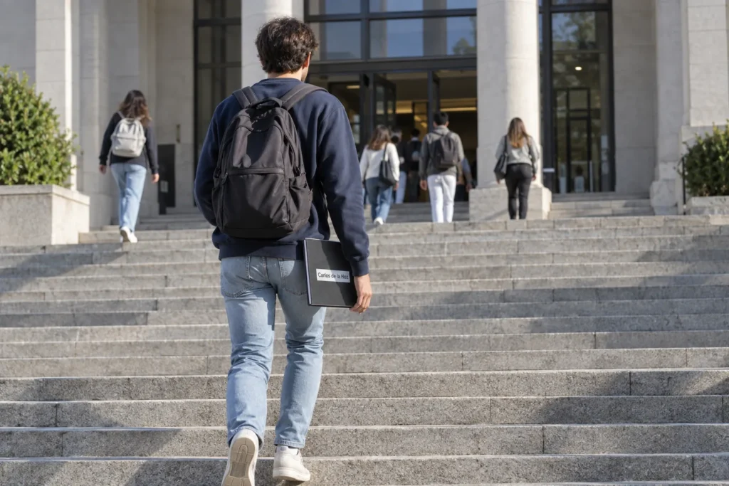 Estudiante con mochila y cuaderno subiendo la escalinata de una facultad, camino a prepararse para la PAU de Madrid 2027