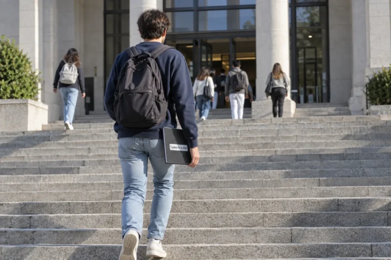 Estudiante con mochila y cuaderno subiendo la escalinata de una facultad, camino a prepararse para la PAU de Madrid 2027