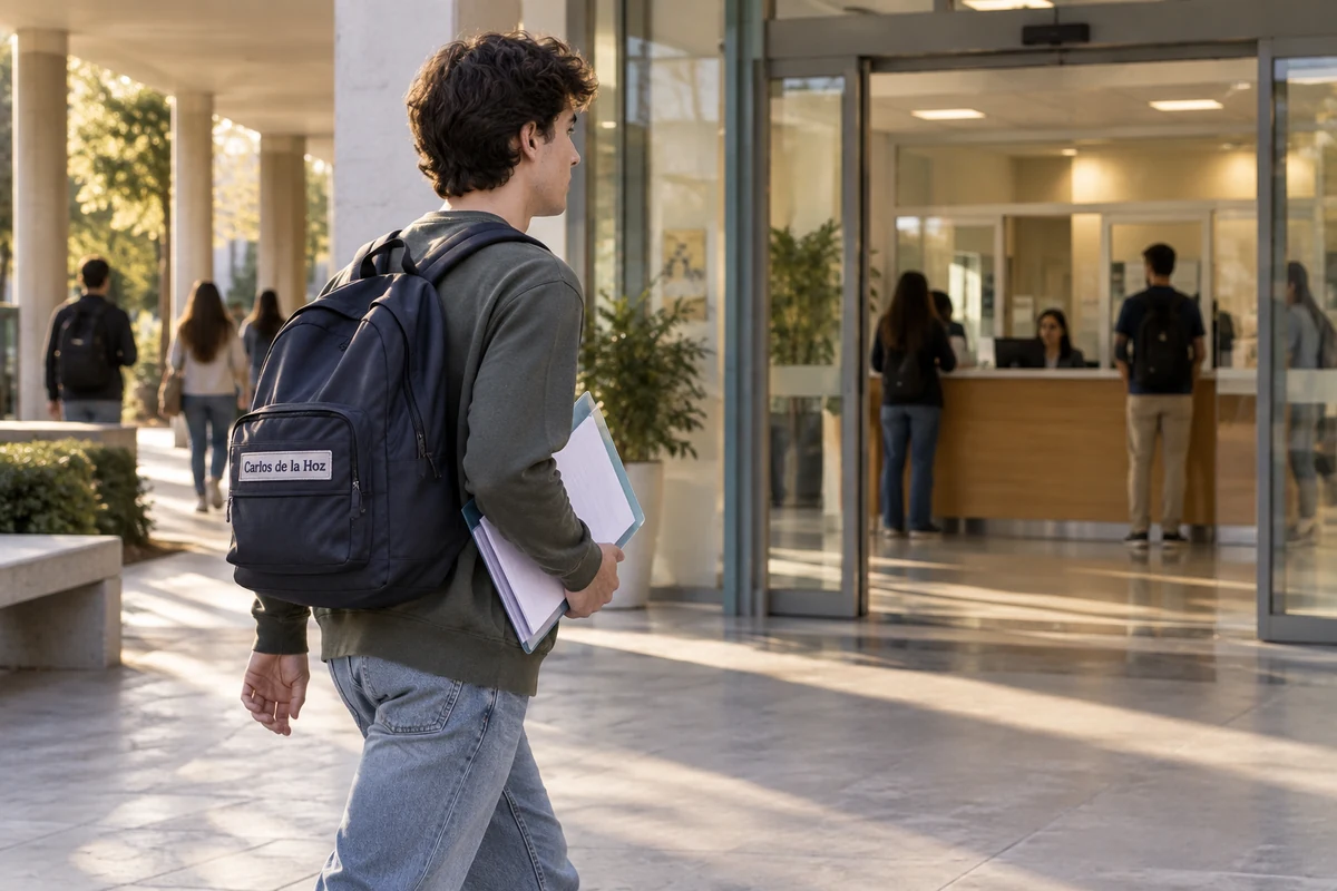 Estudante caminha com mochila até à secretaria de uma universidade andaluza ao fim da tarde, com os papéis da candidatura na mão