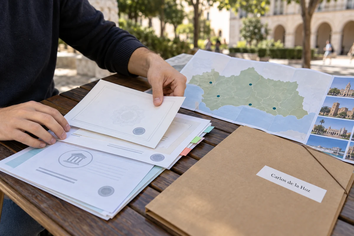 Mãos organizam documentos da candidatura e um mapa das universidades públicas da Andaluzia numa mesa de campus ensolarada