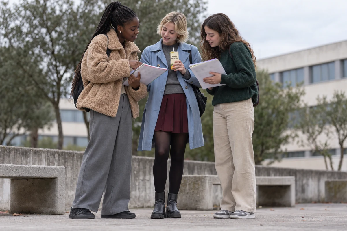 Tres amigas comparan apuntes de pie en el patio del instituto durante el recreo